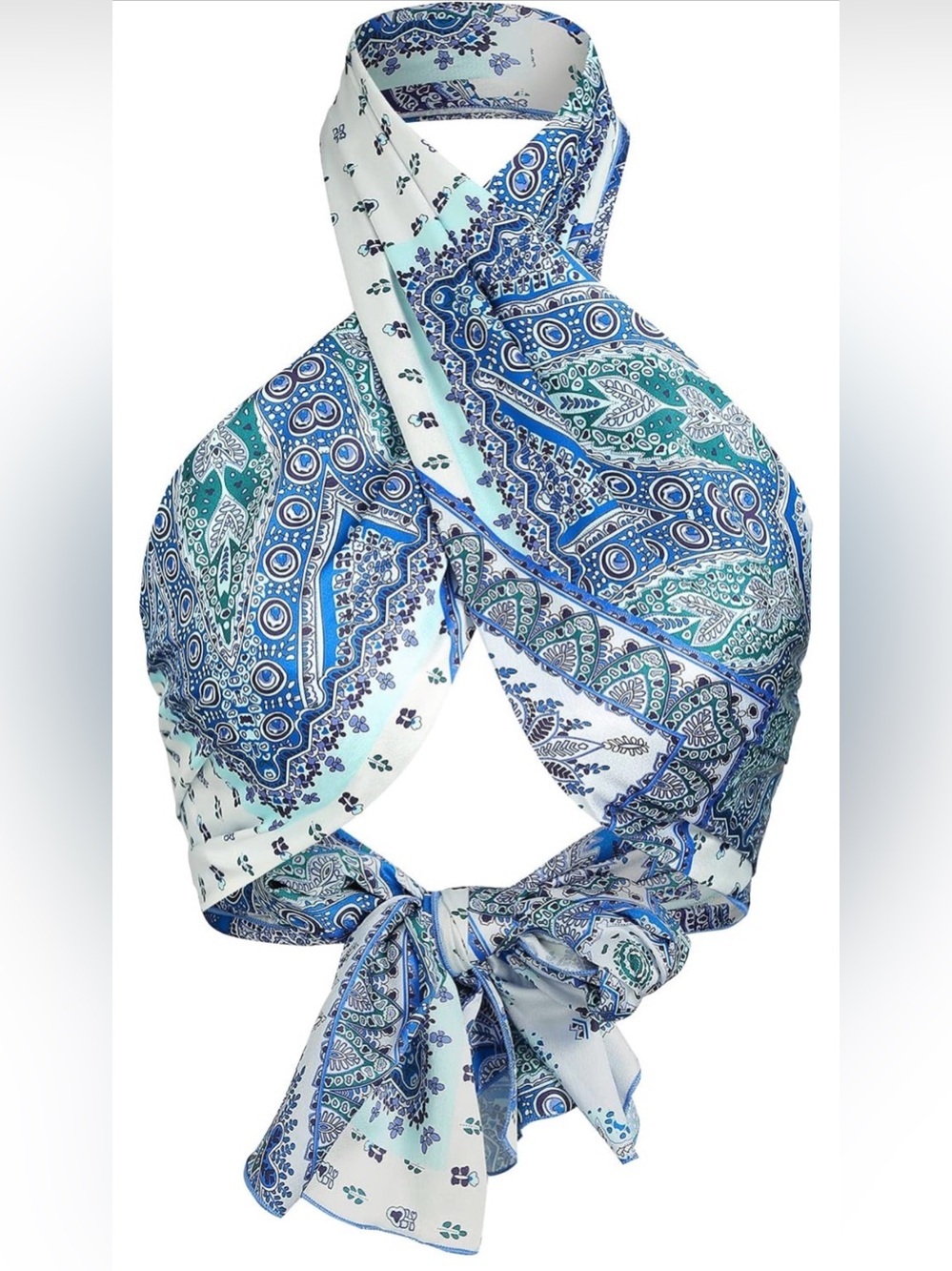 New satin Y2K Boho Blue & Teal Paisley Wrap Crop Top